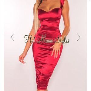 Scarlet Red Satin Sweetheart Ruched Dress